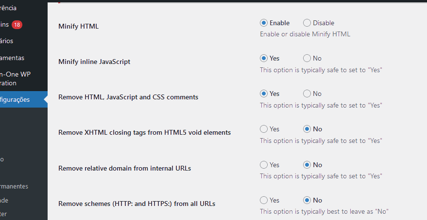 Plugin WordPress para minificar e diminuir HTML, CSS e JS (Minify HTML), plugin Minify HTML, plugin Minify, plugin HTML, plugin CSS e JS, plugin CSS, plugin JS, site WordPress, minify, minificar e diminuir, minificar, diminuir tamanho, painel wordpress, settings