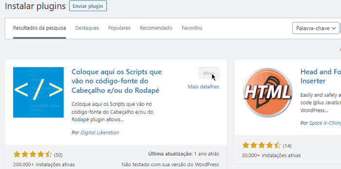 Plugin WordPress para adicionar script no header e footer (Header and Footer Scripts) 2 passo 02: ir em Plugins Adicionar novo e ativar baixar plugin wordpress how to download Header and Footer Scripts wordpress plugin baixar passo a passo plugin