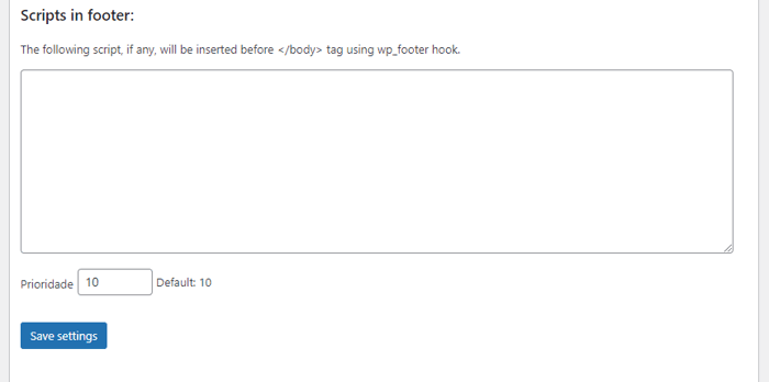 Plugin WordPress Header and Footer Scripts passo 08: adicionar código ao Footer (rodapé - código na parte inferior - abaixo)