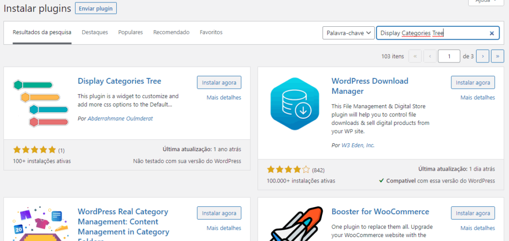 passo 03: procurar o plugin Display Categories Tree e instalar