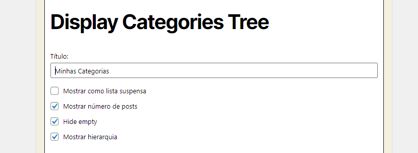 passo 09: configurar o widget Display Categories Tree